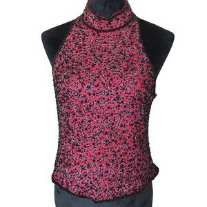 Papell Boutique Beaded Cropped Bare Shoulder High Neck Red Top Black Beading S-M